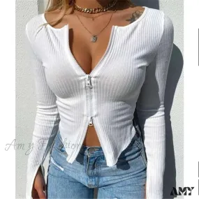 Amy Fashion - Clothes Ribbed Knitted Long Sleeve Crop Tops