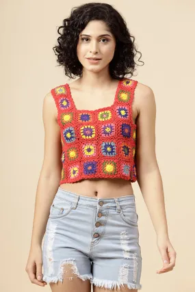 Ajoobaa "Granny Square" Crochet Top-Red