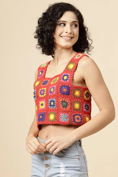 Ajoobaa "Granny Square" Crochet Top-Red