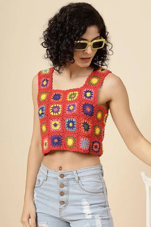 Ajoobaa "Granny Square" Crochet Top-Red