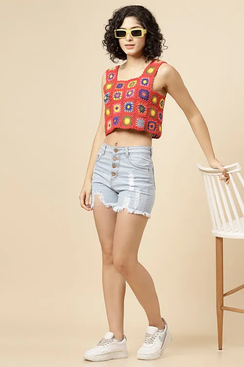 Ajoobaa "Granny Square" Crochet Top-Red