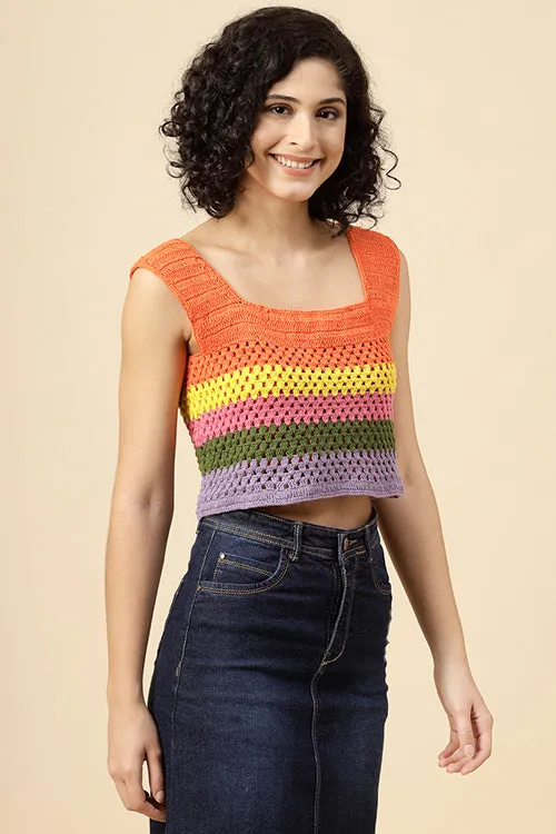 Ajoobaa "Strappy" Striped Cotton Crochet Top