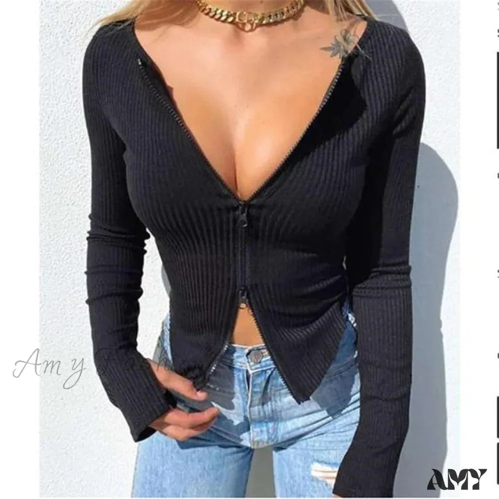 Amy Fashion - Clothes Ribbed Knitted Long Sleeve Crop Tops