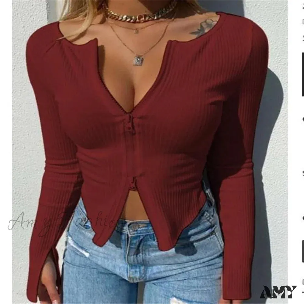 Amy Fashion - Clothes Ribbed Knitted Long Sleeve Crop Tops