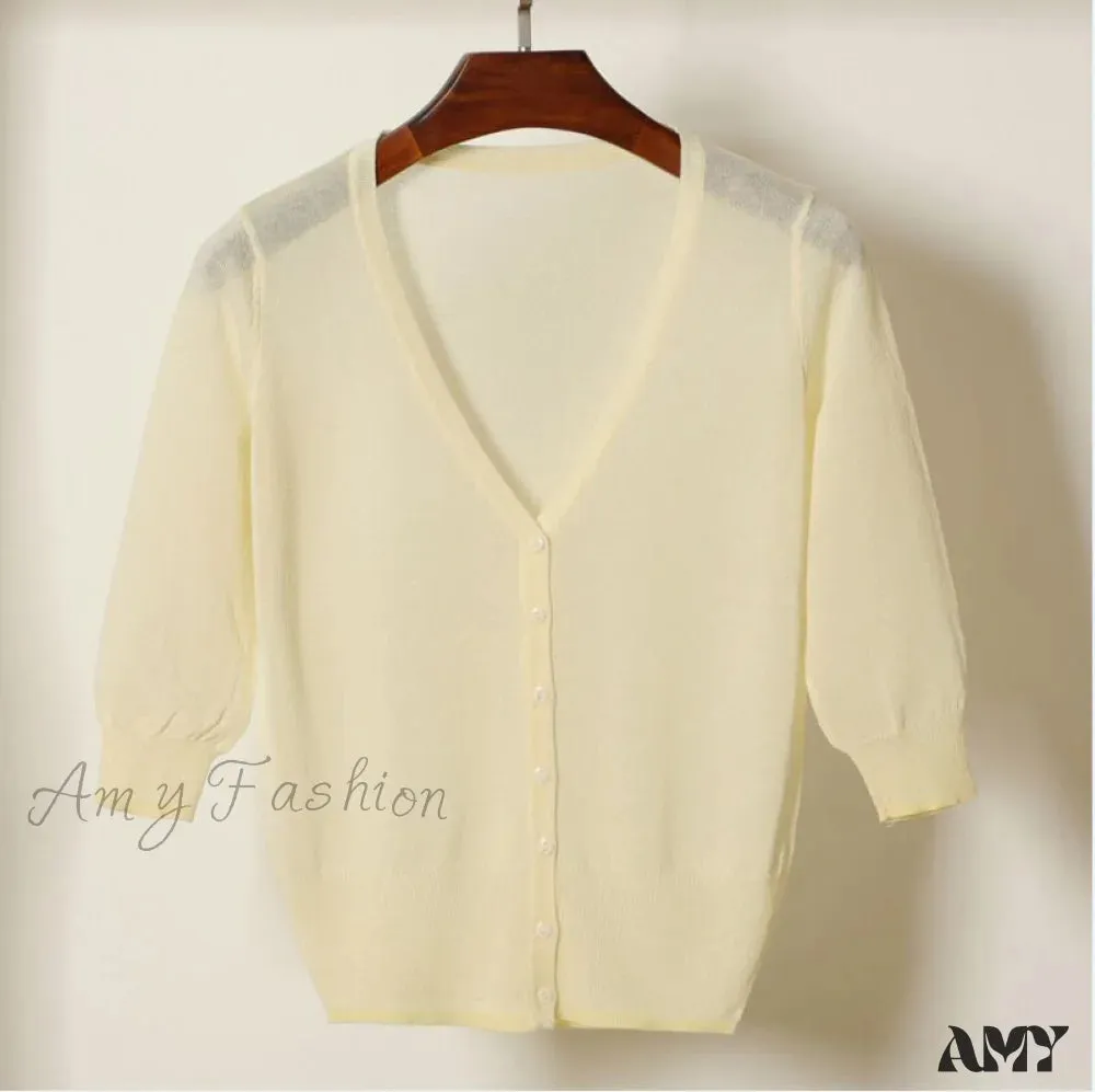 Amy Fashion - Knitted  3/4 Sleeve V-Neck Solid Casual Woman Cardigan Sweater