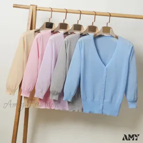 Amy Fashion - Knitted  3/4 Sleeve V-Neck Solid Casual Woman Cardigan Sweater