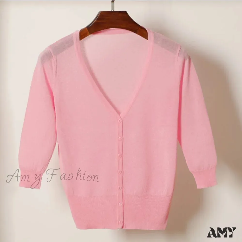 Amy Fashion - Knitted  3/4 Sleeve V-Neck Solid Casual Woman Cardigan Sweater