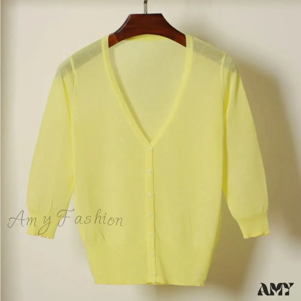 Amy Fashion - Knitted  3/4 Sleeve V-Neck Solid Casual Woman Cardigan Sweater