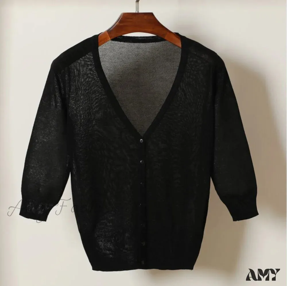 Amy Fashion - Knitted  3/4 Sleeve V-Neck Solid Casual Woman Cardigan Sweater