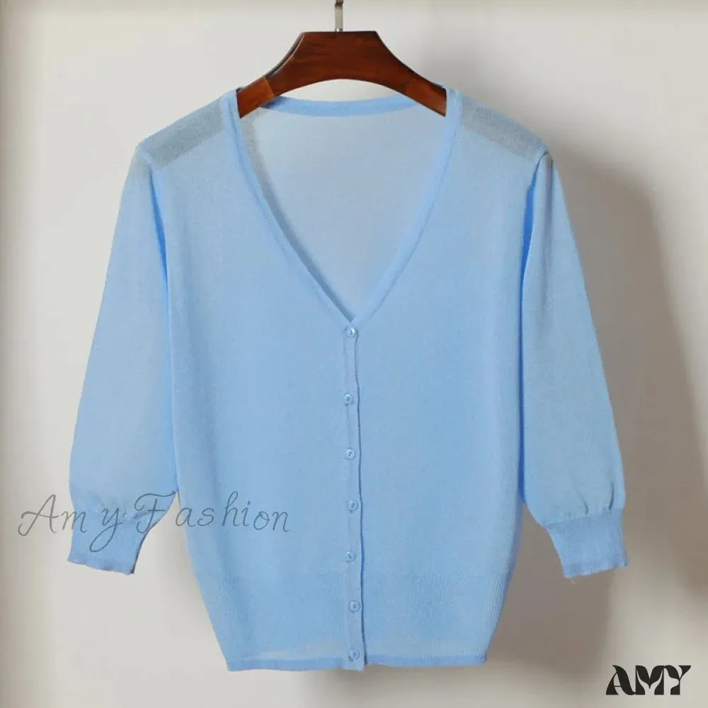 Amy Fashion - Knitted  3/4 Sleeve V-Neck Solid Casual Woman Cardigan Sweater