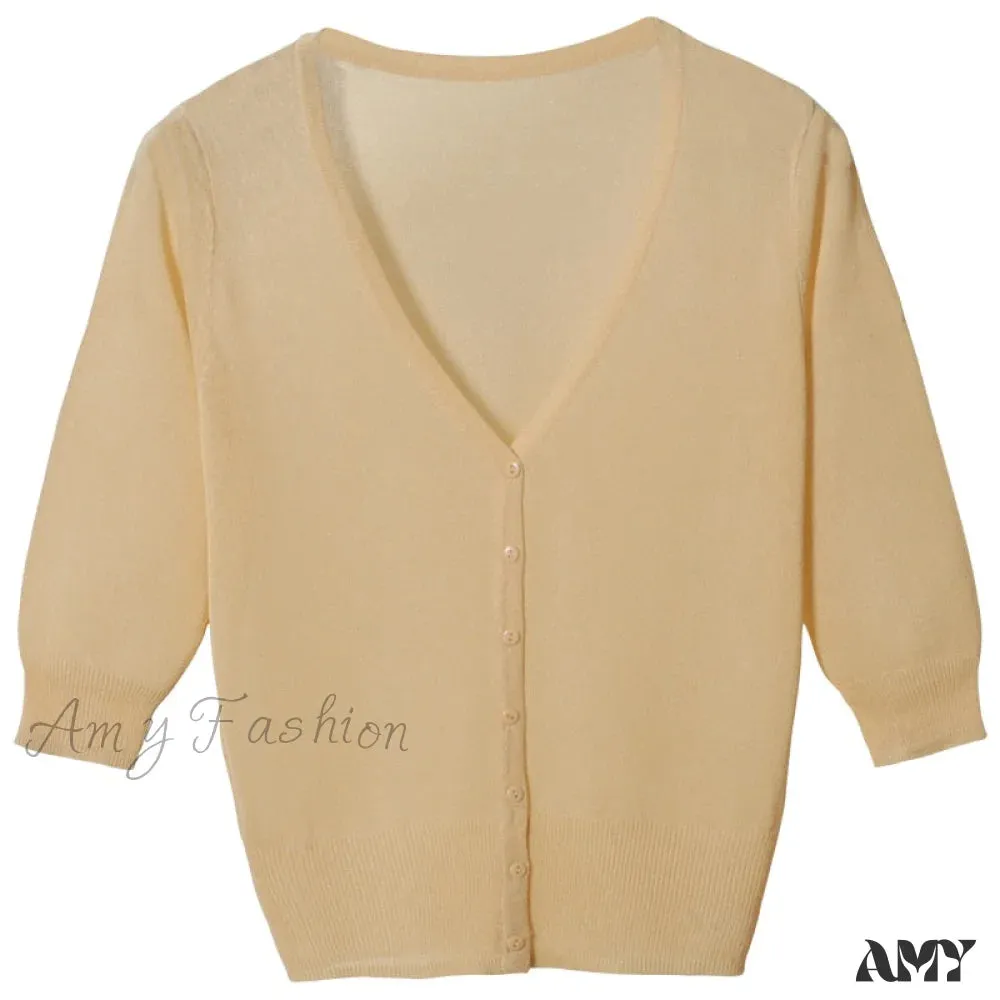 Amy Fashion - Knitted  3/4 Sleeve V-Neck Solid Casual Woman Cardigan Sweater