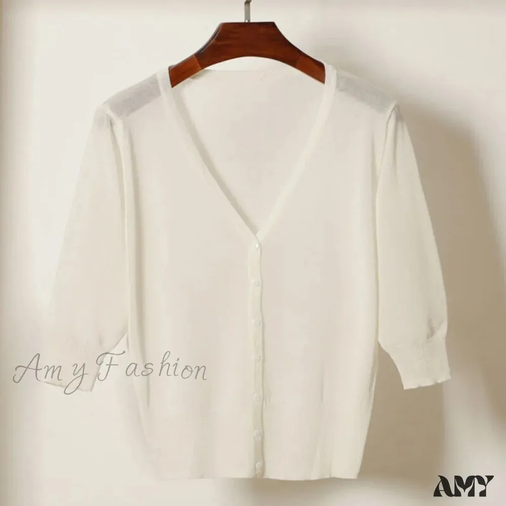 Amy Fashion - Knitted  3/4 Sleeve V-Neck Solid Casual Woman Cardigan Sweater