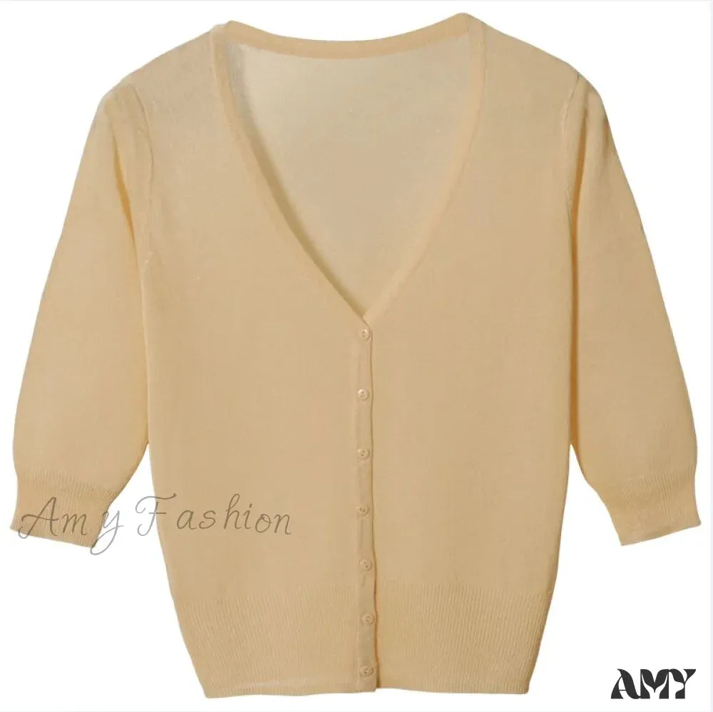 Amy Fashion - Knitted  3/4 Sleeve V-Neck Solid Casual Woman Cardigan Sweater