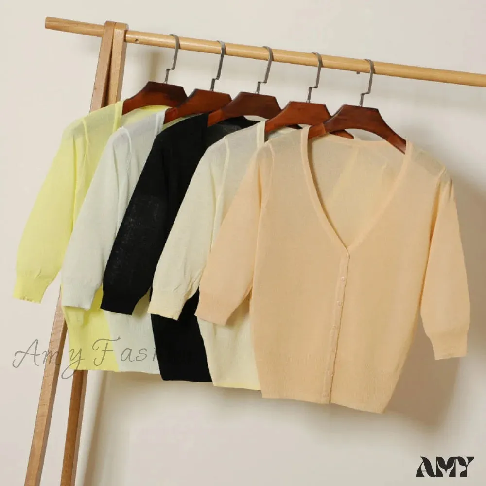 Amy Fashion - Knitted  3/4 Sleeve V-Neck Solid Casual Woman Cardigan Sweater