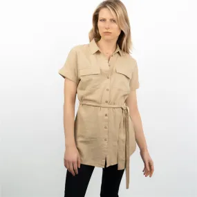 Beige Short Sleeve Longline Shirts Women's Utility Style Tops