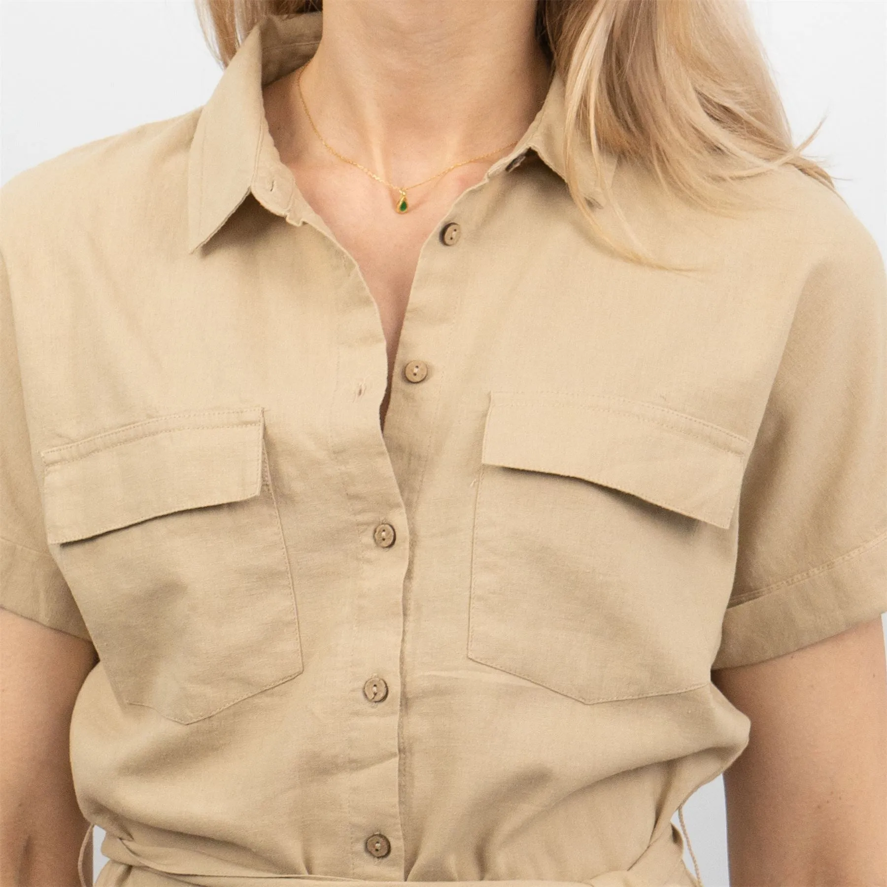 Beige Short Sleeve Longline Shirts Women's Utility Style Tops