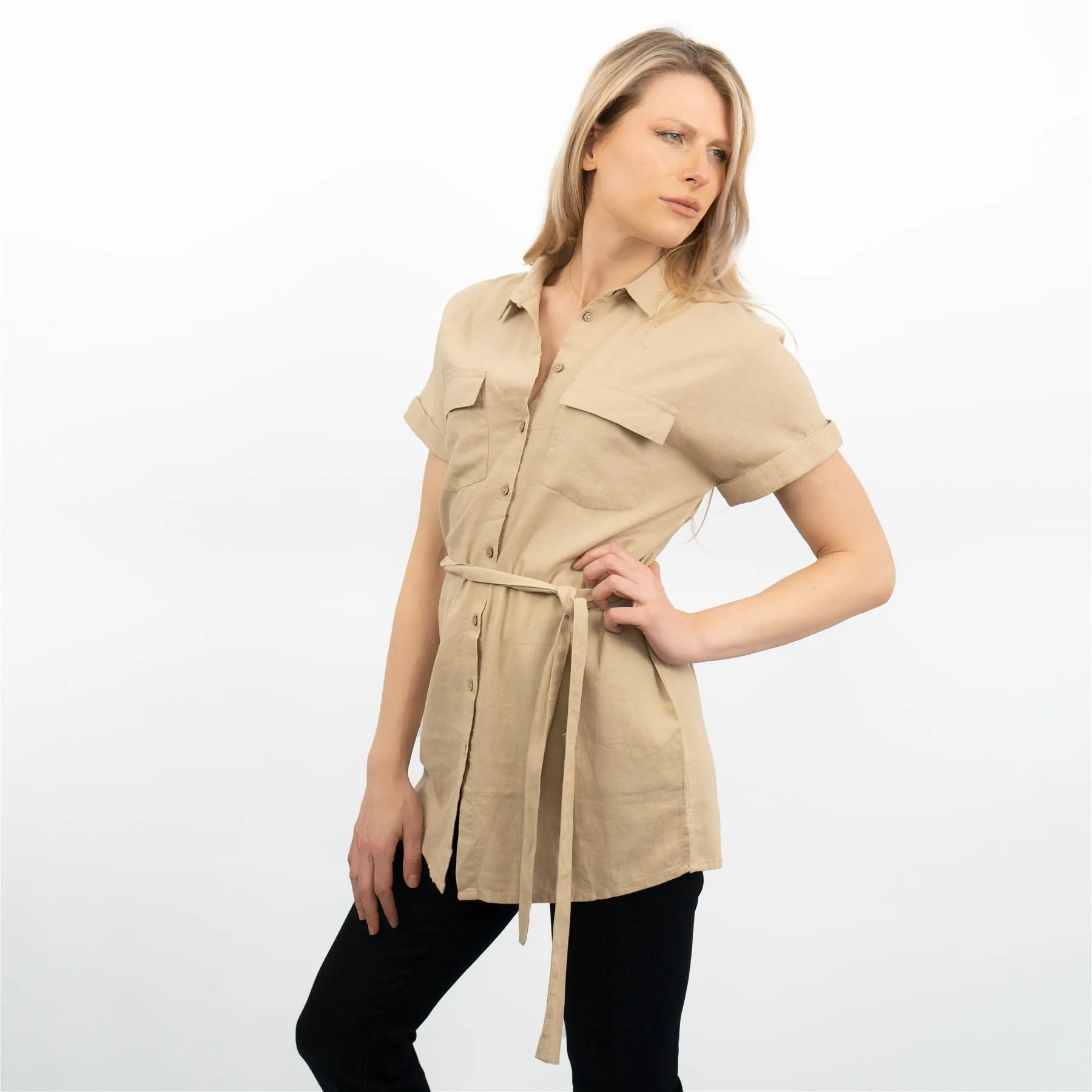 Beige Short Sleeve Longline Shirts Women's Utility Style Tops