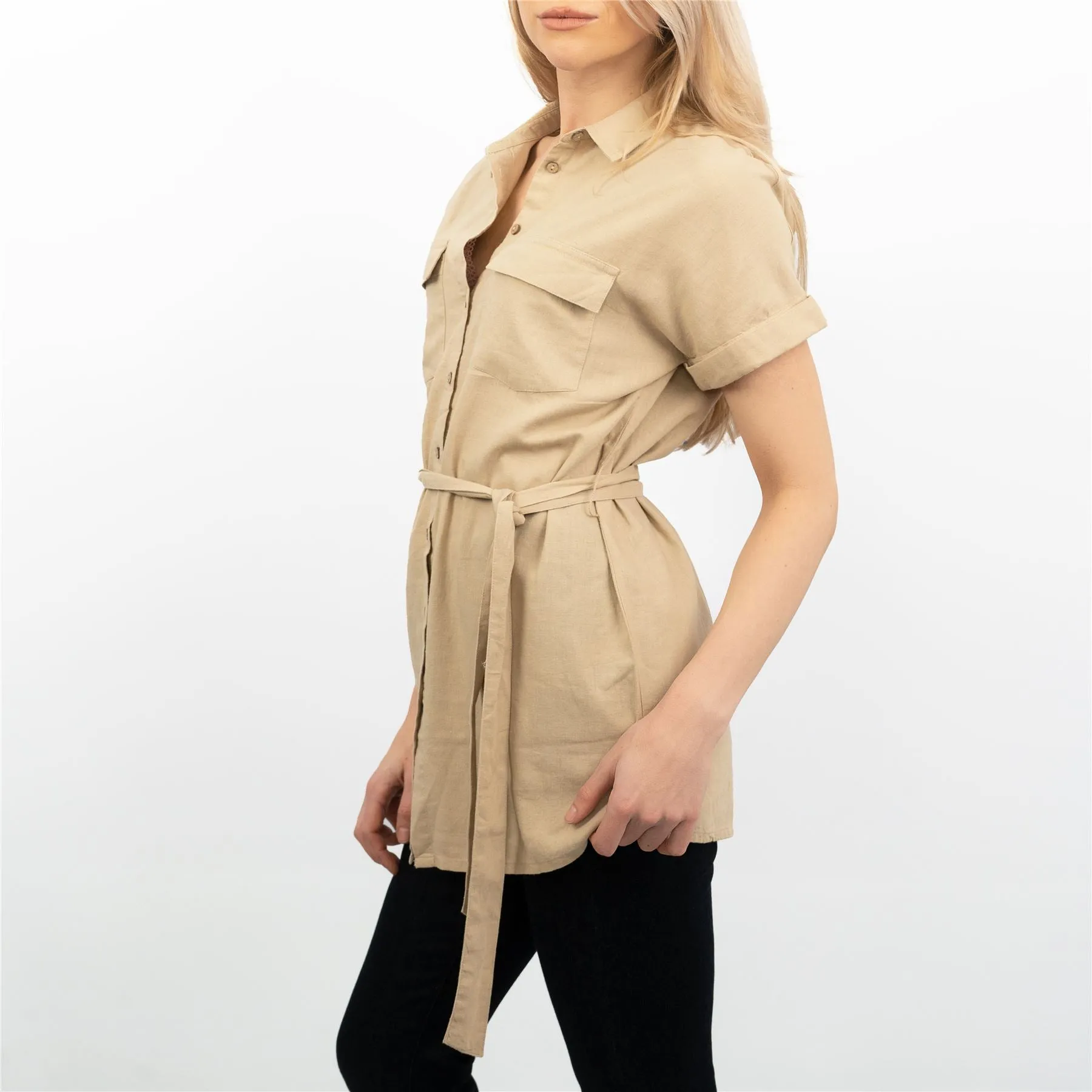 Beige Short Sleeve Longline Shirts Women's Utility Style Tops