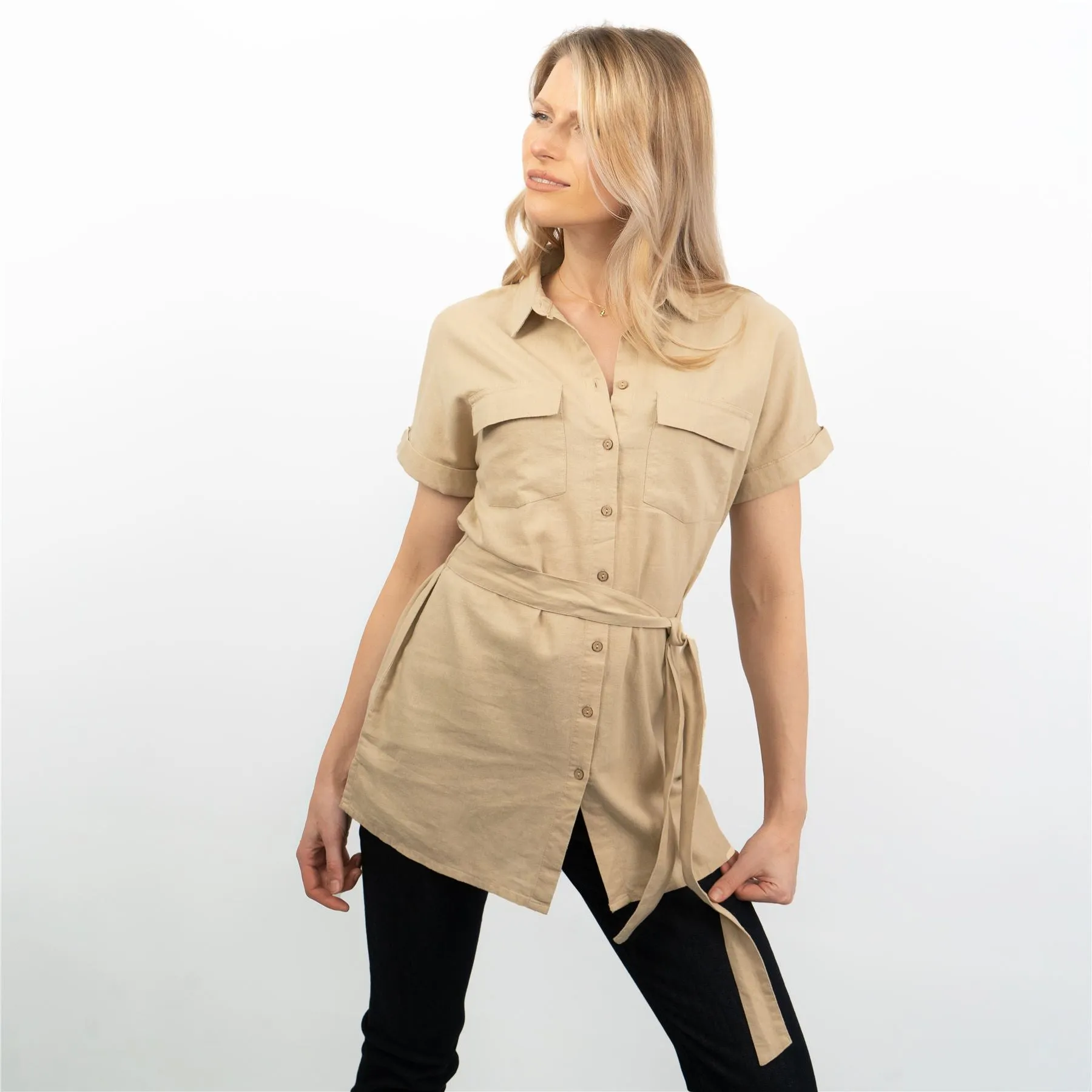 Beige Short Sleeve Longline Shirts Women's Utility Style Tops