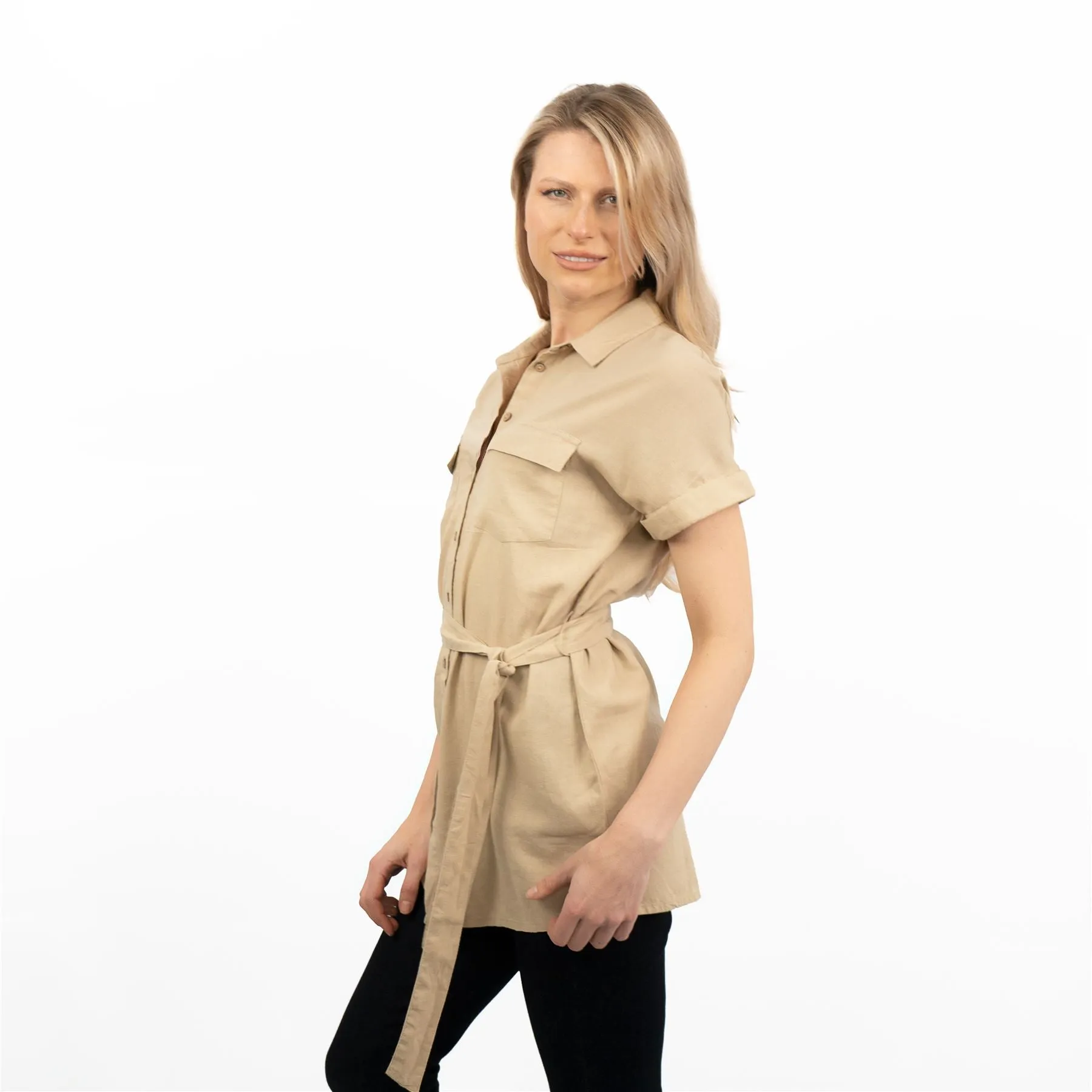 Beige Short Sleeve Longline Shirts Women's Utility Style Tops