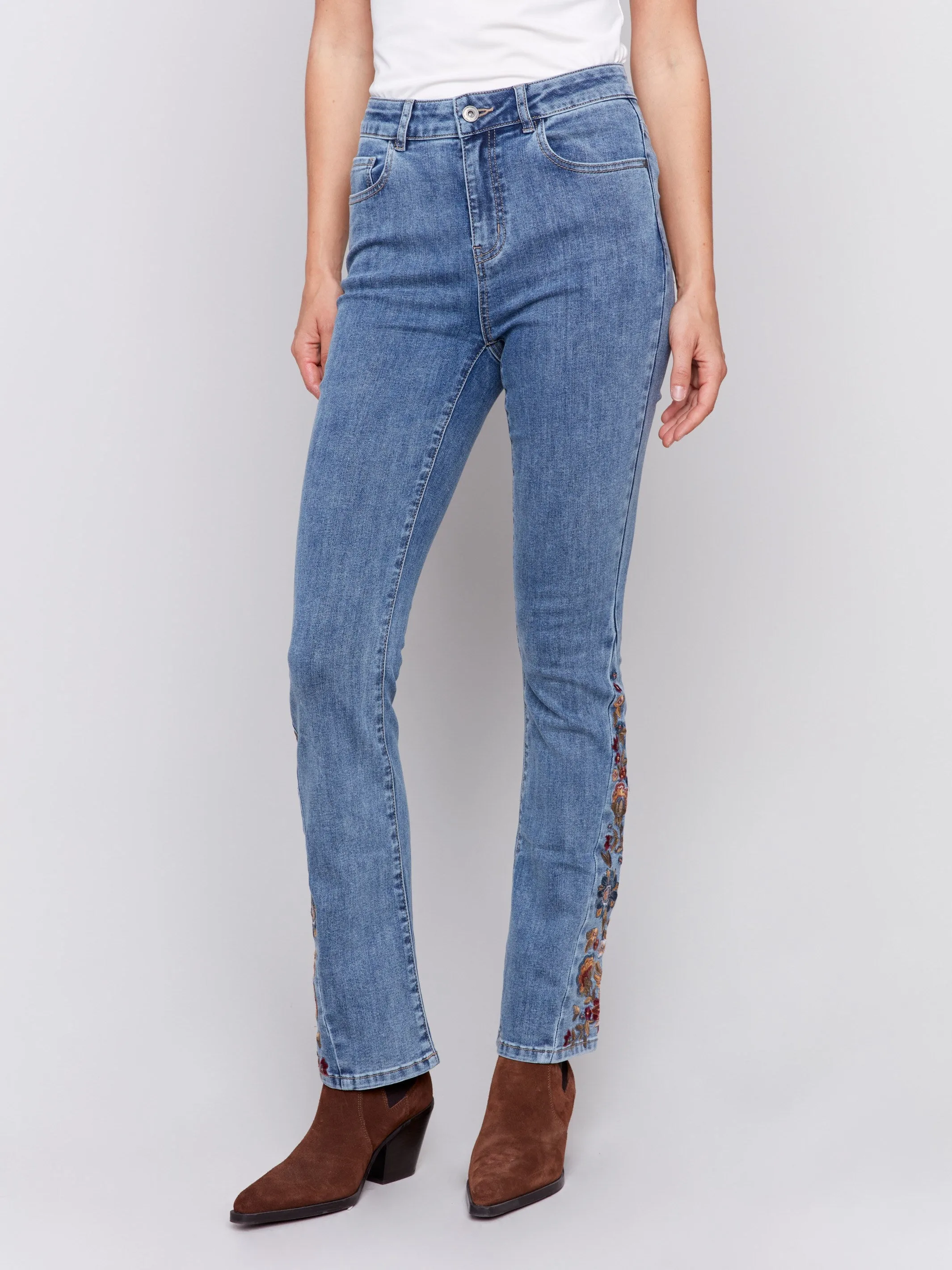 Bootcut Jeans with Floral Embroidery - Medium Blue