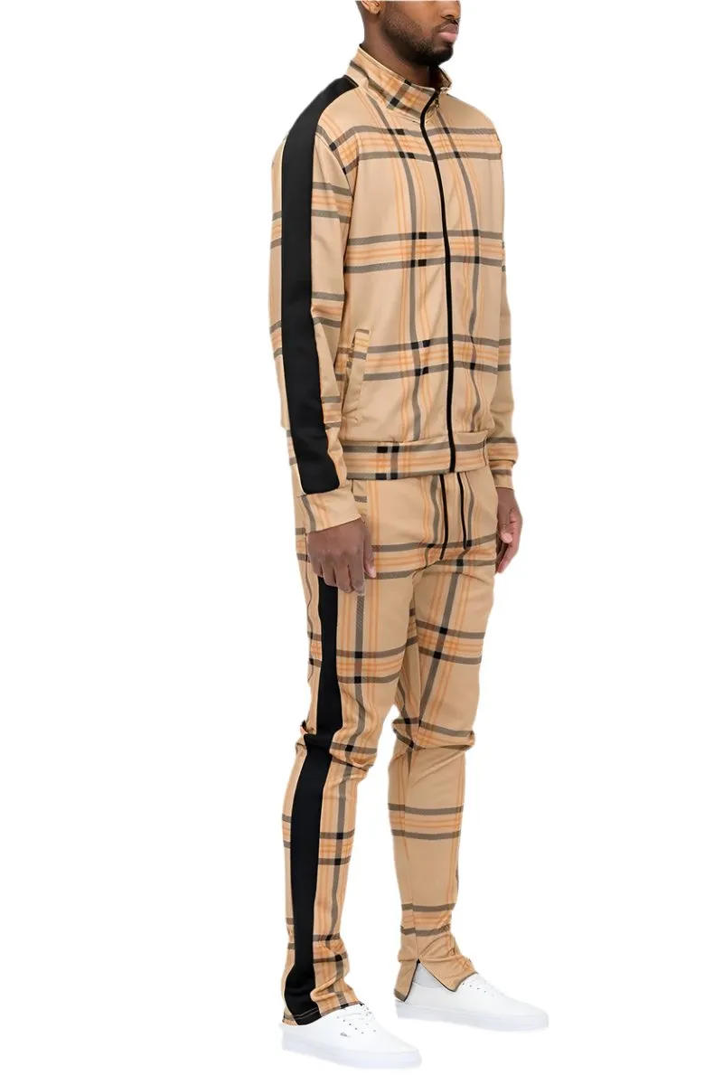 Brown Plaid Track Jacket and Pant Set Mens