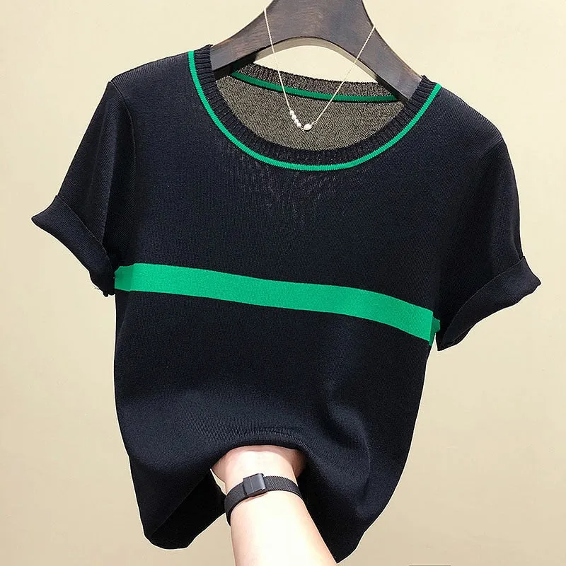 Casual Knitted Short Sleeve T-shirts in Bright Colors