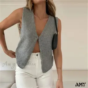 Deep V Sexy Summer New Sleeveless Knitted Simple Street Crop Top