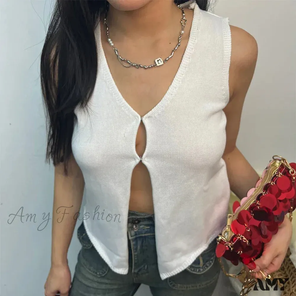 Deep V Sexy Summer New Sleeveless Knitted Simple Street Crop Top