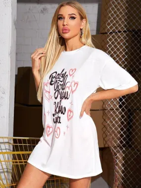 Drop Shoulder Slogan & Heart Print Longline Tee