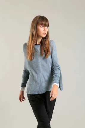 Fog Dusty Powder Blue boat neck Oversize knitted shirt with Long Sleeves