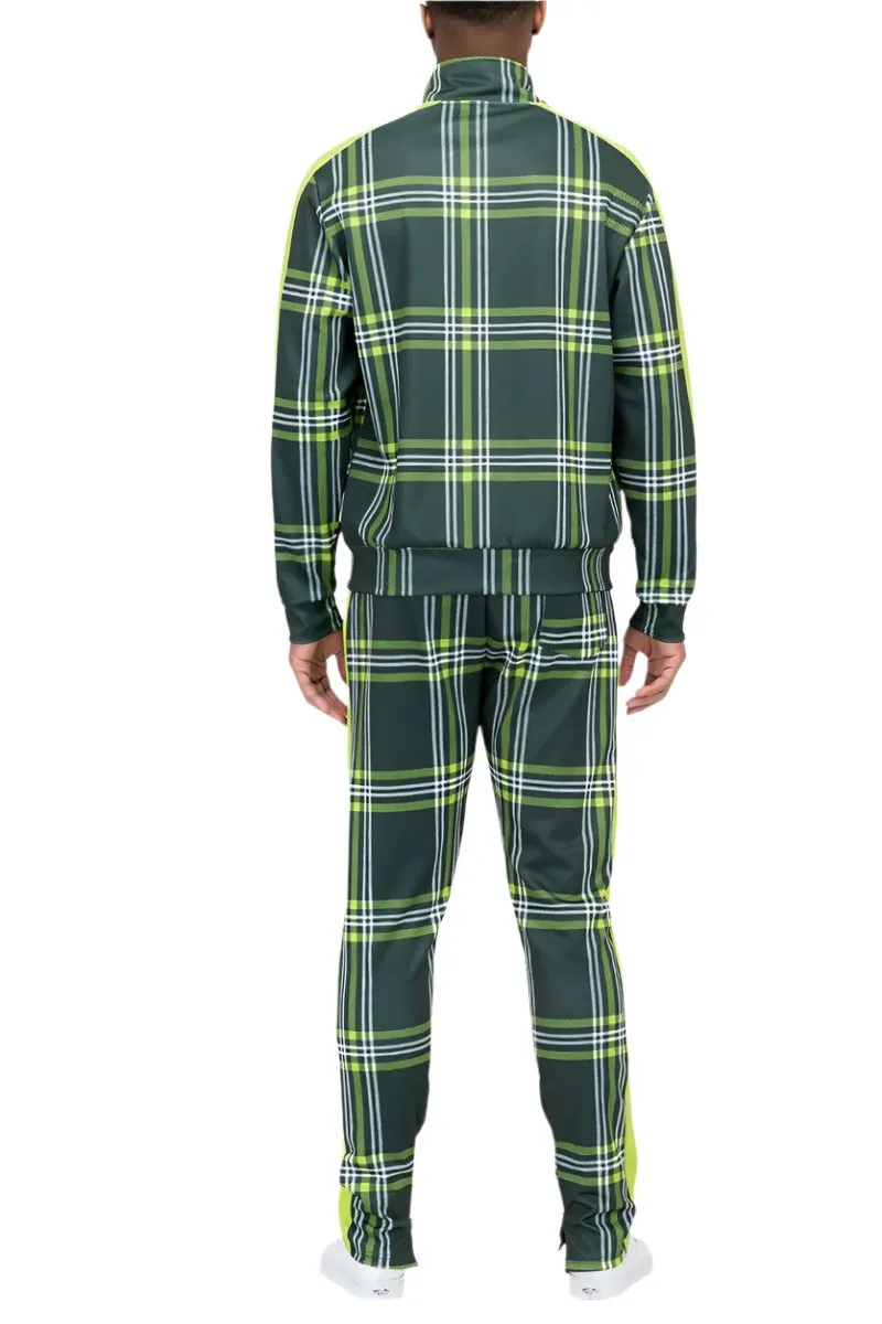 Green Tartan Plaid Track Jacket and Pant Set Mens