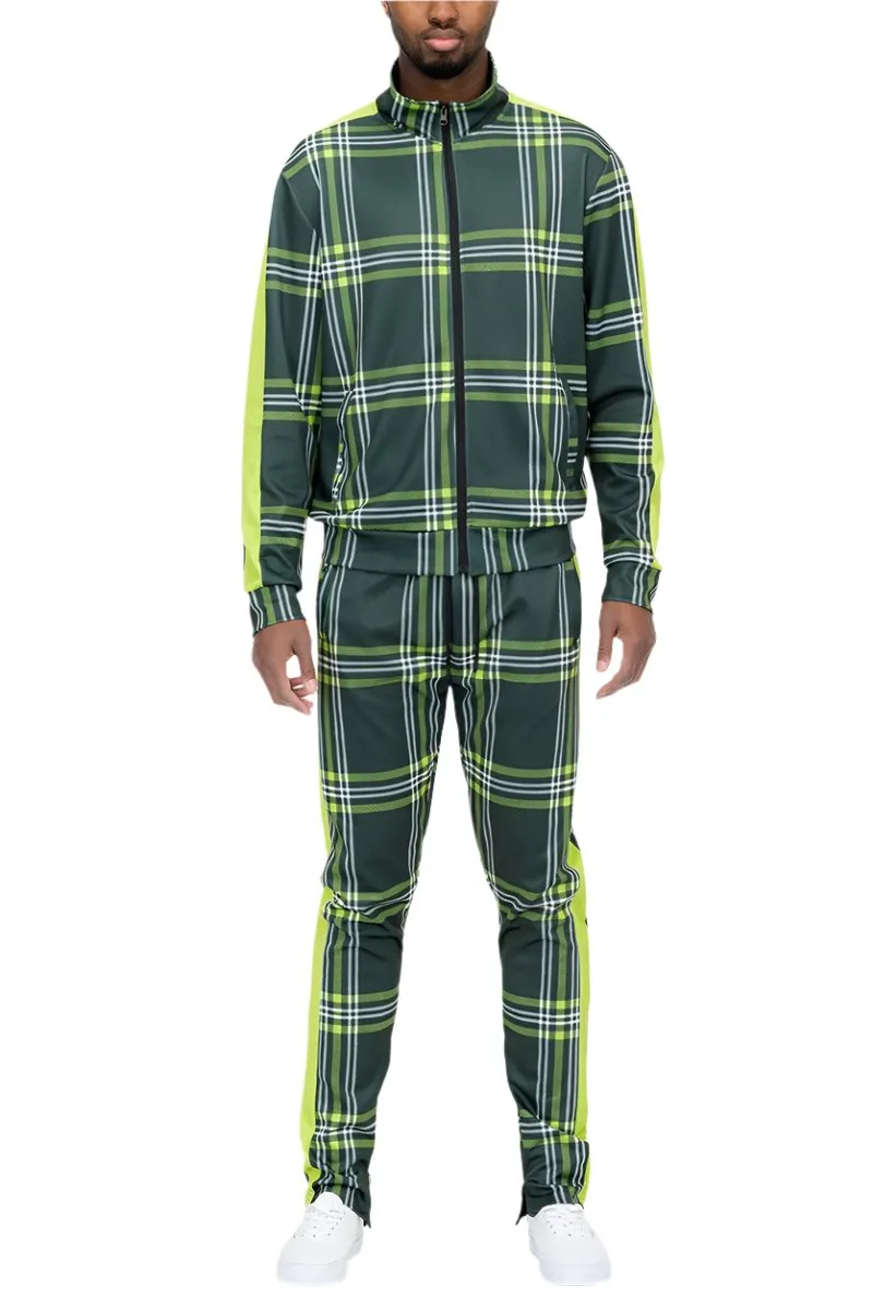 Green Tartan Plaid Track Jacket and Pant Set Mens