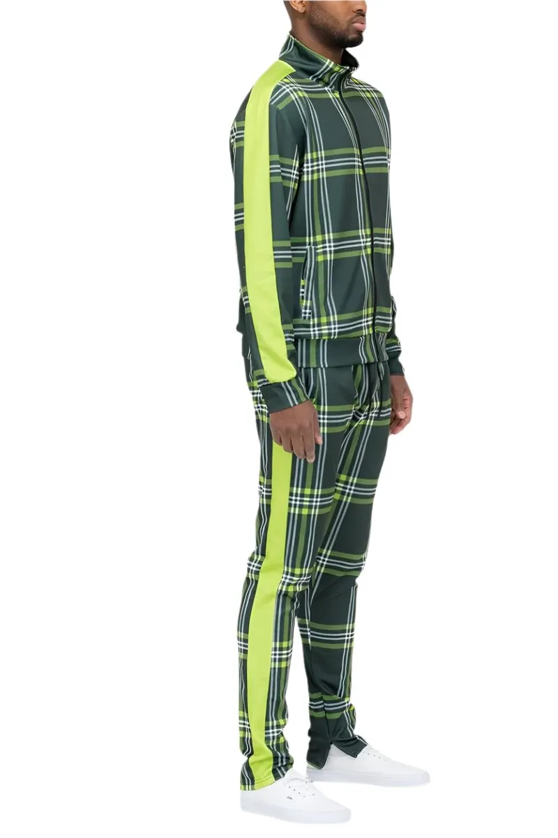 Green Tartan Plaid Track Jacket and Pant Set Mens