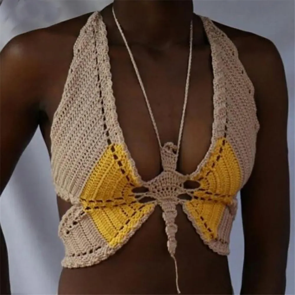 Handmade Crochet Butterfly Sexy Summer Halter Top Women Hipster Knitted Beach Tunic