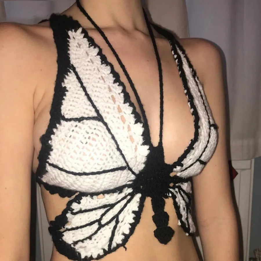 Handmade Crochet Butterfly Sexy Summer Halter Top Women Hipster Knitted Beach Tunic