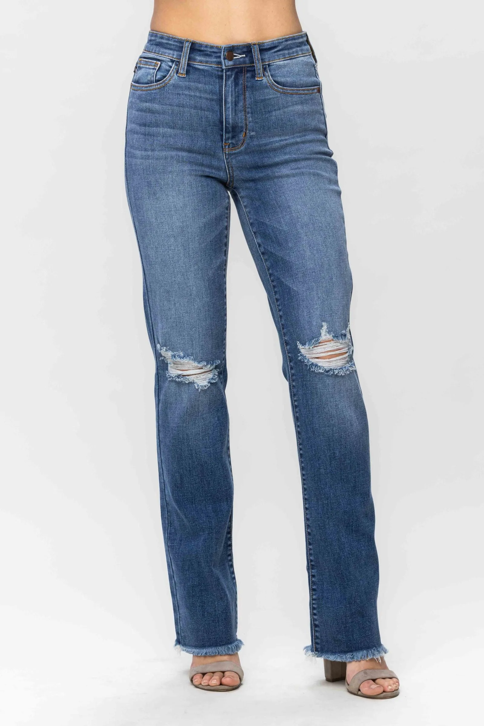 High Waist Frayed Hem Straight Fit Denim