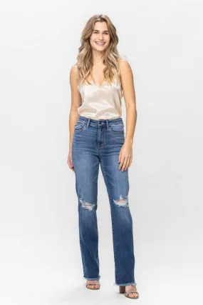 High Waist Frayed Hem Straight Fit Denim