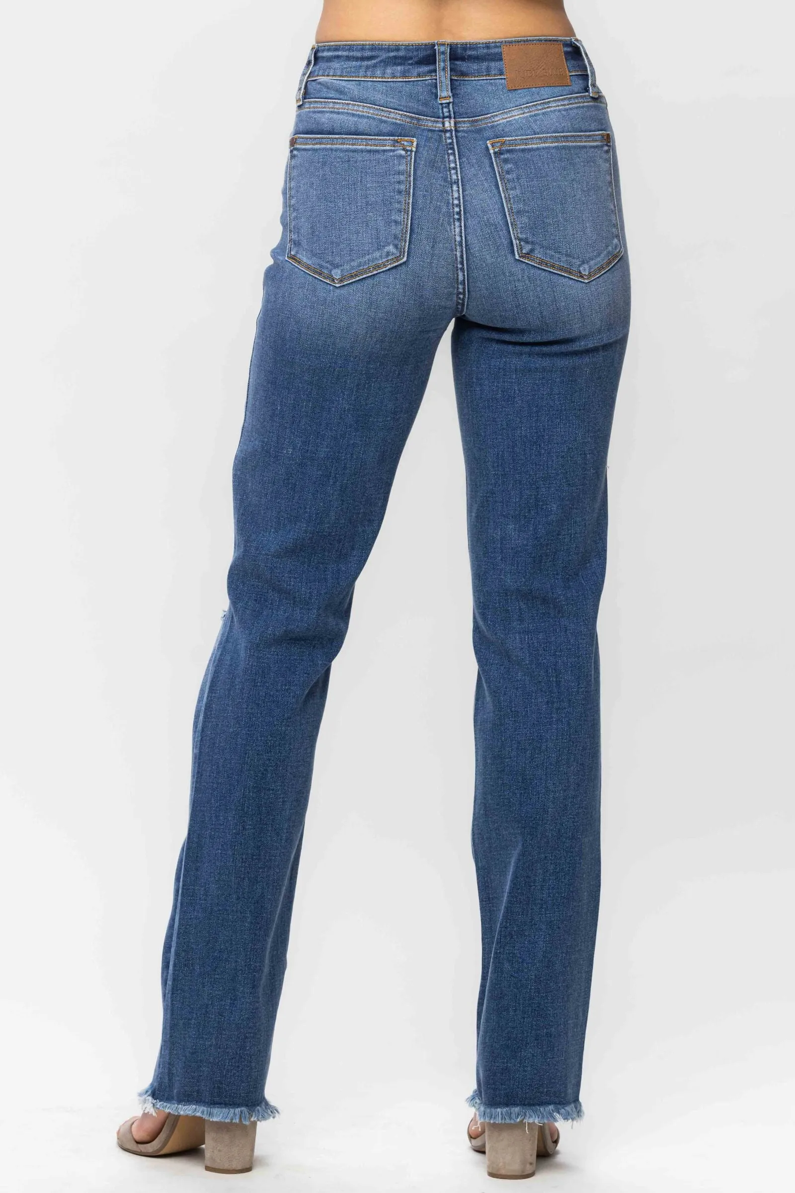 High Waist Frayed Hem Straight Fit Denim