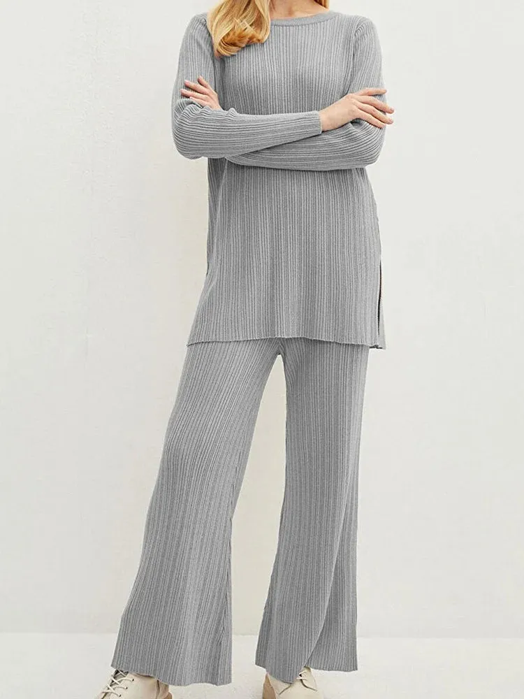 JuliaFashion - Solid Flared Lounge Ribbed Knitted Streetwear Suits