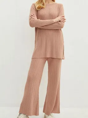 JuliaFashion - Solid Flared Lounge Ribbed Knitted Streetwear Suits