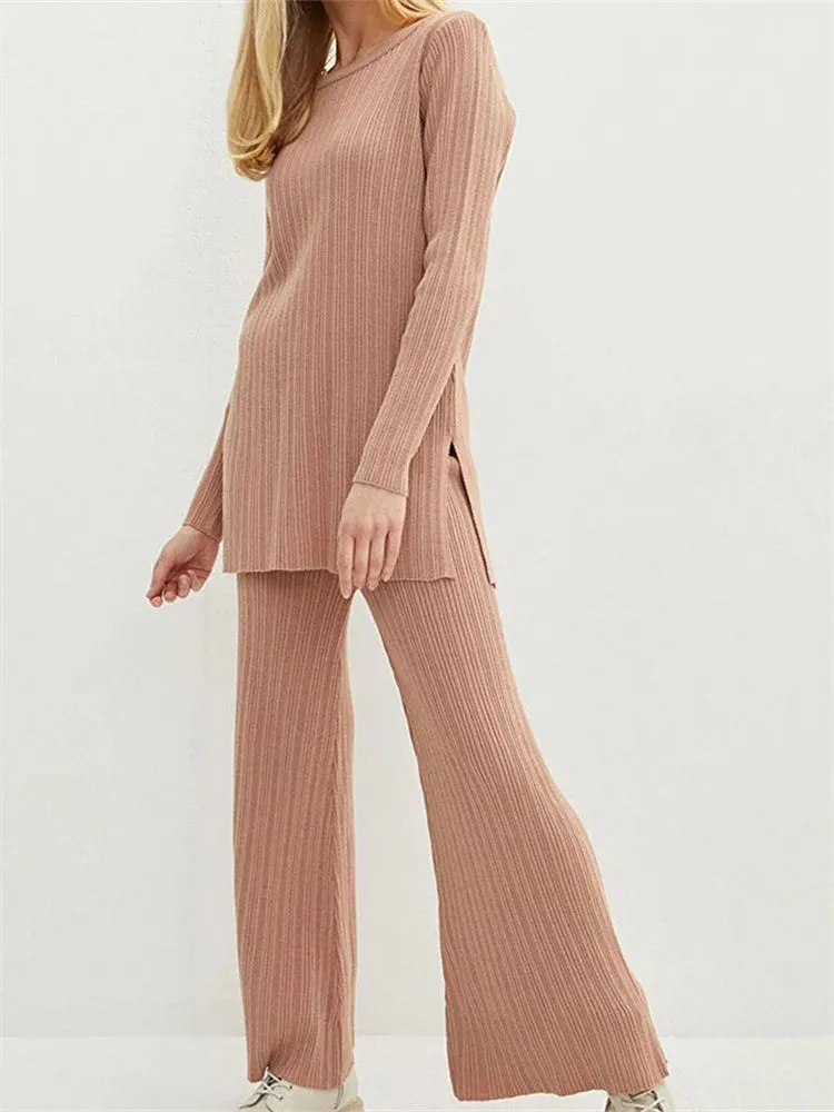 JuliaFashion - Solid Flared Lounge Ribbed Knitted Streetwear Suits