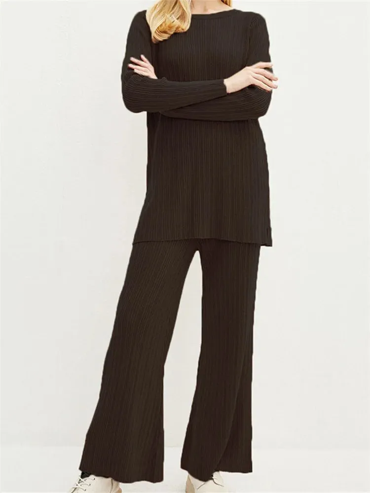 JuliaFashion - Solid Flared Lounge Ribbed Knitted Streetwear Suits