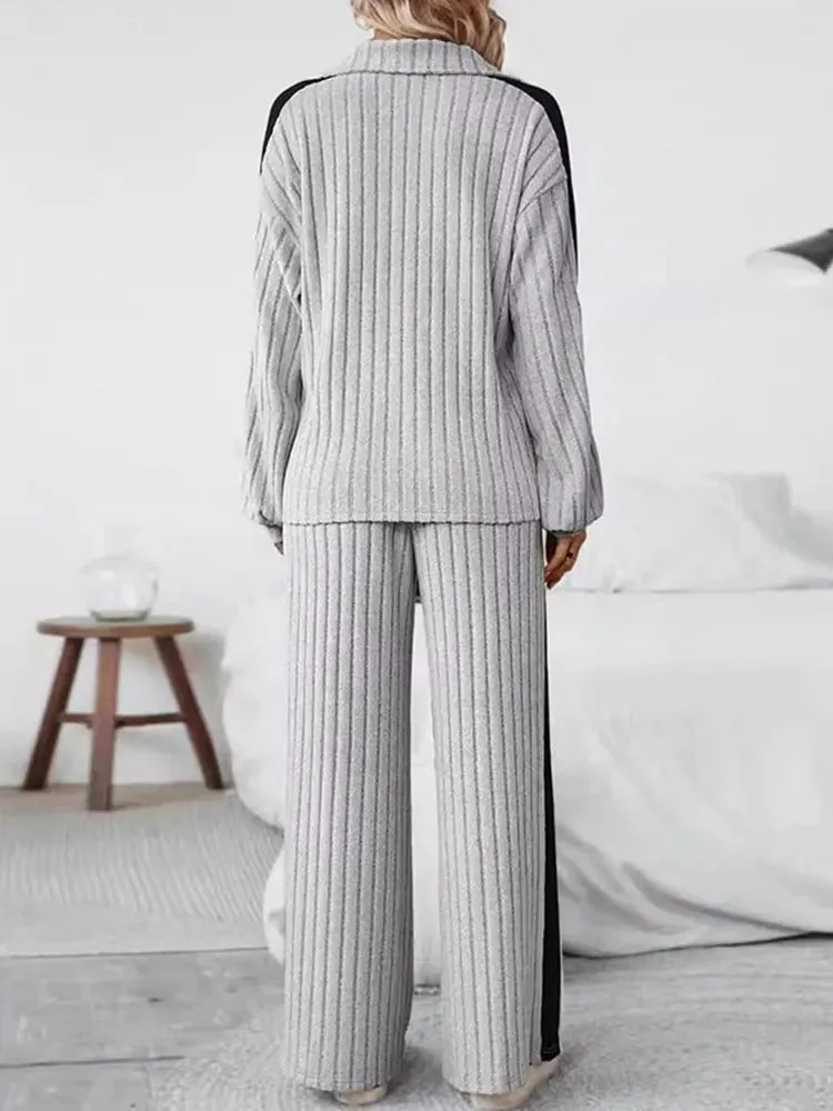 Knitted  Loose Fit Striped Patterned Tops And Pants Set