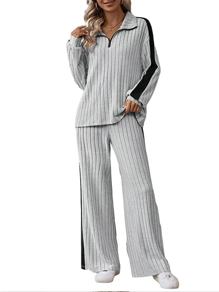 Knitted  Loose Fit Striped Patterned Tops And Pants Set