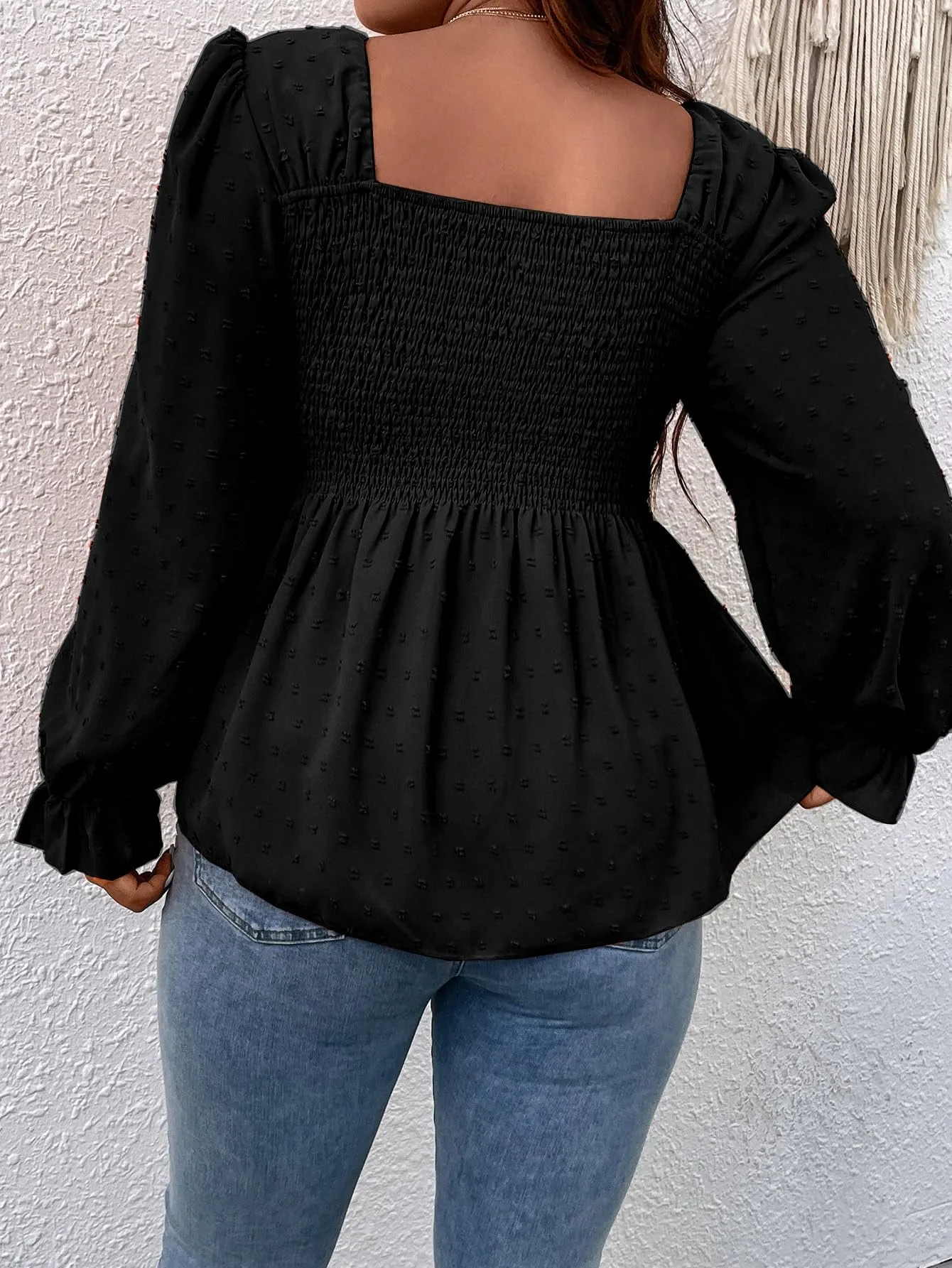 MakeMeChic Women's Plus Size Square Neck Flounce Long Blouse Tops Black 1XL