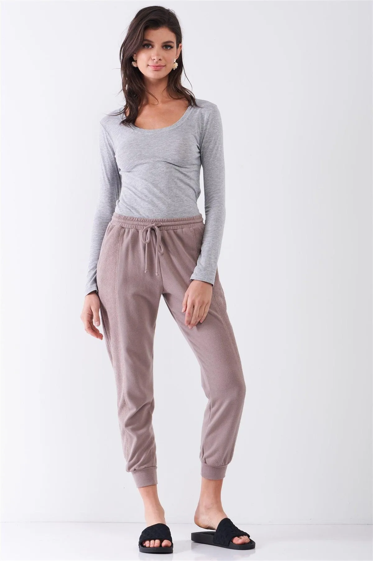 Mocha Brown Brushed Inside-Out Sides Trim Mid-Rise Relaxed Jogger Sweatpants /3-2-1