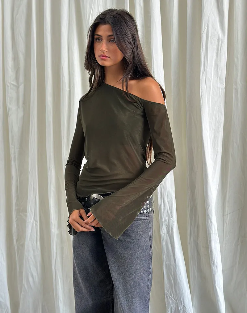 Narcissa Asymmetric Long Sleeve Top in Mesh Dark Olive