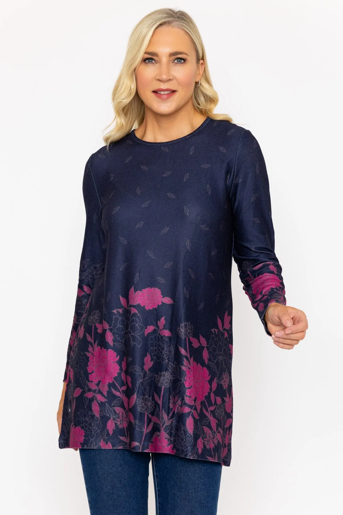 Navy Floral Print Tunic Top with Snood