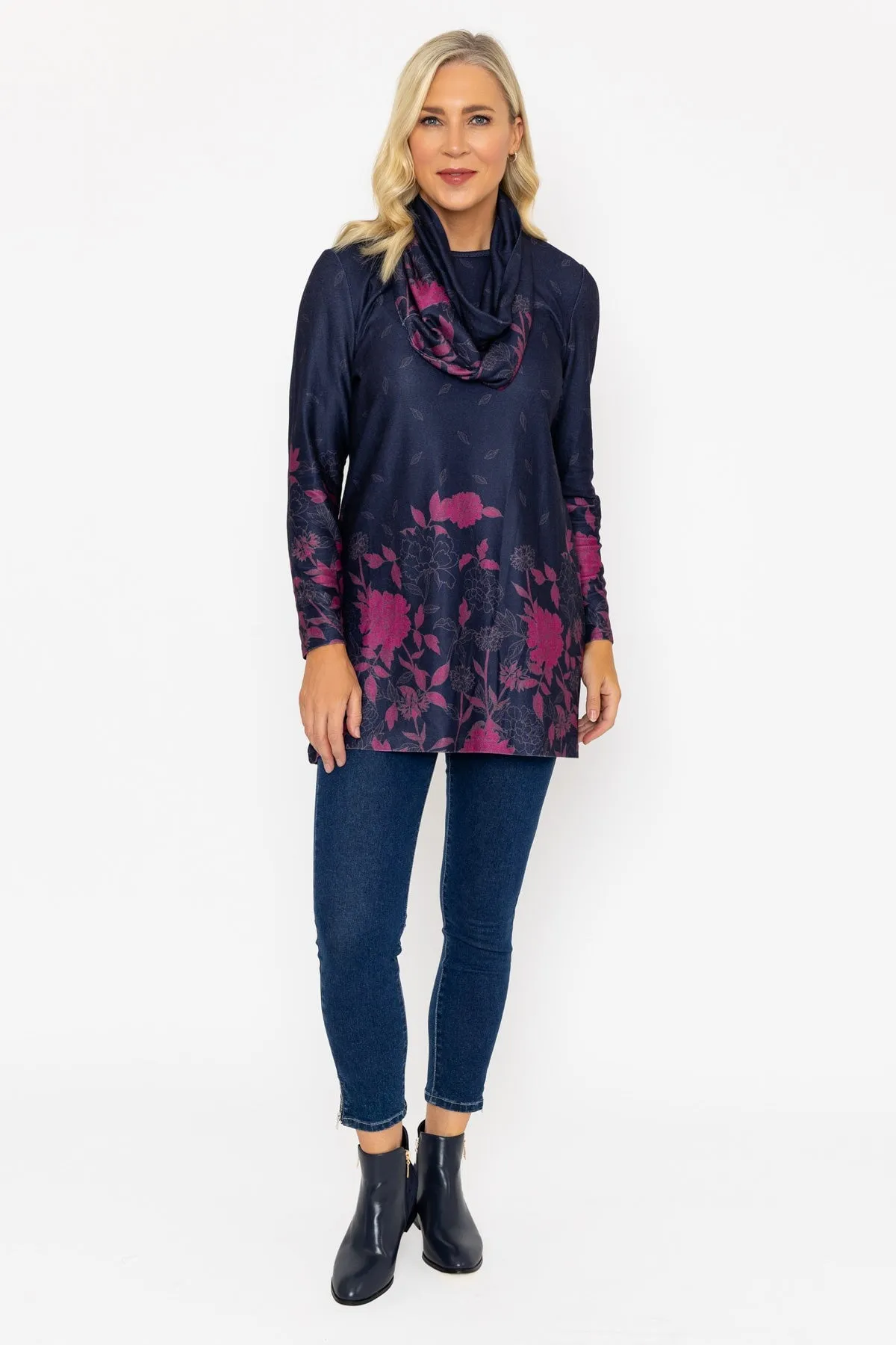 Navy Floral Print Tunic Top with Snood